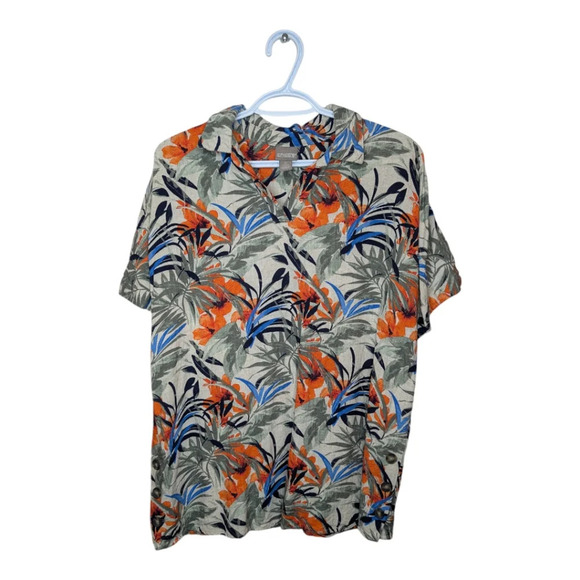 Chico's Tropical Print Linen Blend Short  Sleeve Collared Open Neck Top Size L 2 - Picture 1 of 7
